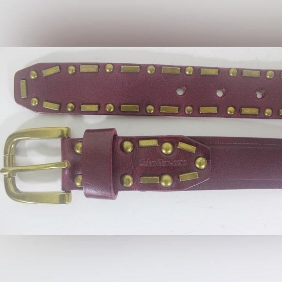 Deep Red Maroon Leather Belt with Brass Studs and Buckle 37 38 39 40 41 Large L - Picture 3 of 10